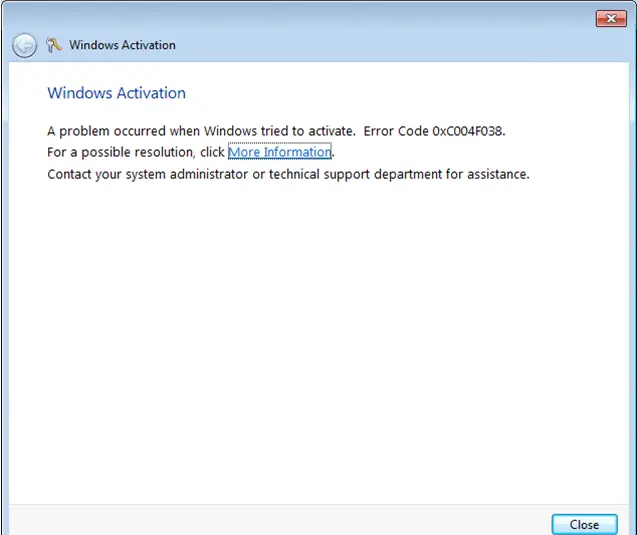 Error Code 0xC004F038.